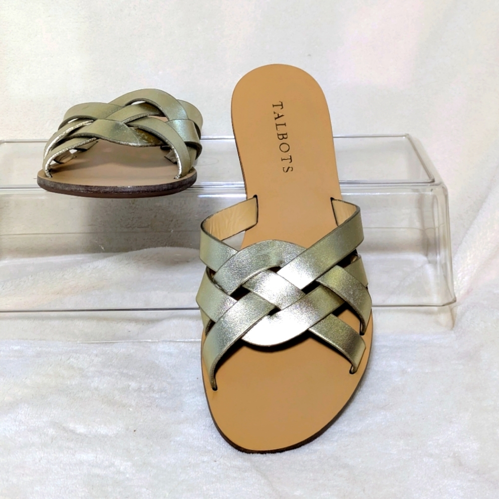 Talbots Gold Metallic Flat Slides, Leather Upper, Summer Casual Comfortable Sz 7 - Picture 2 of 8